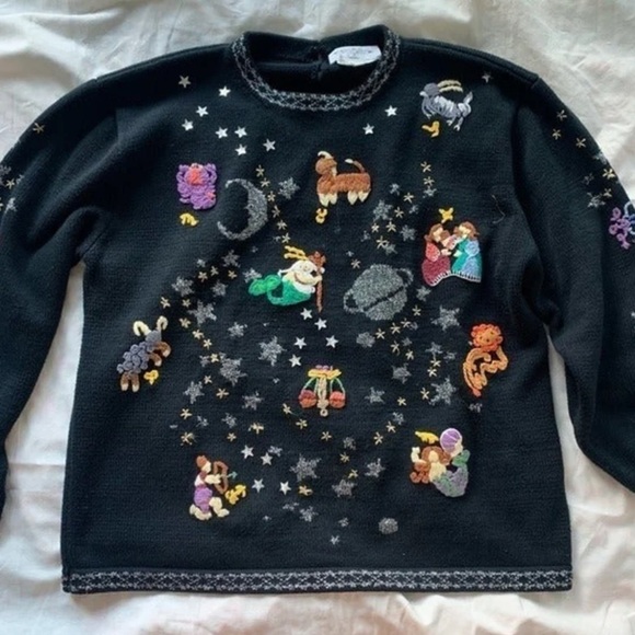 Vintage Sweaters - Vintage Handknit Barbara Sparre Black Sweater with Silver Accents Astrology M